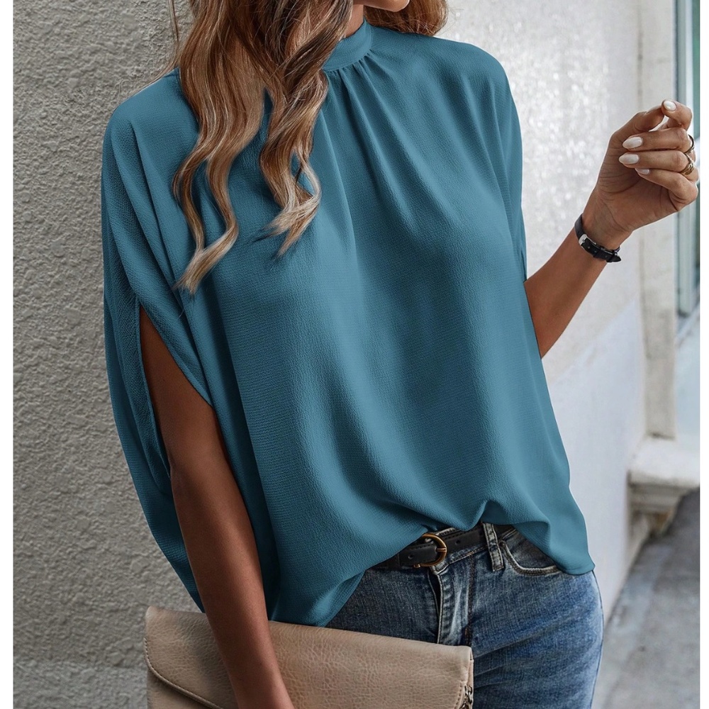 Teall Blue Blouse Top Flowy, High Neck